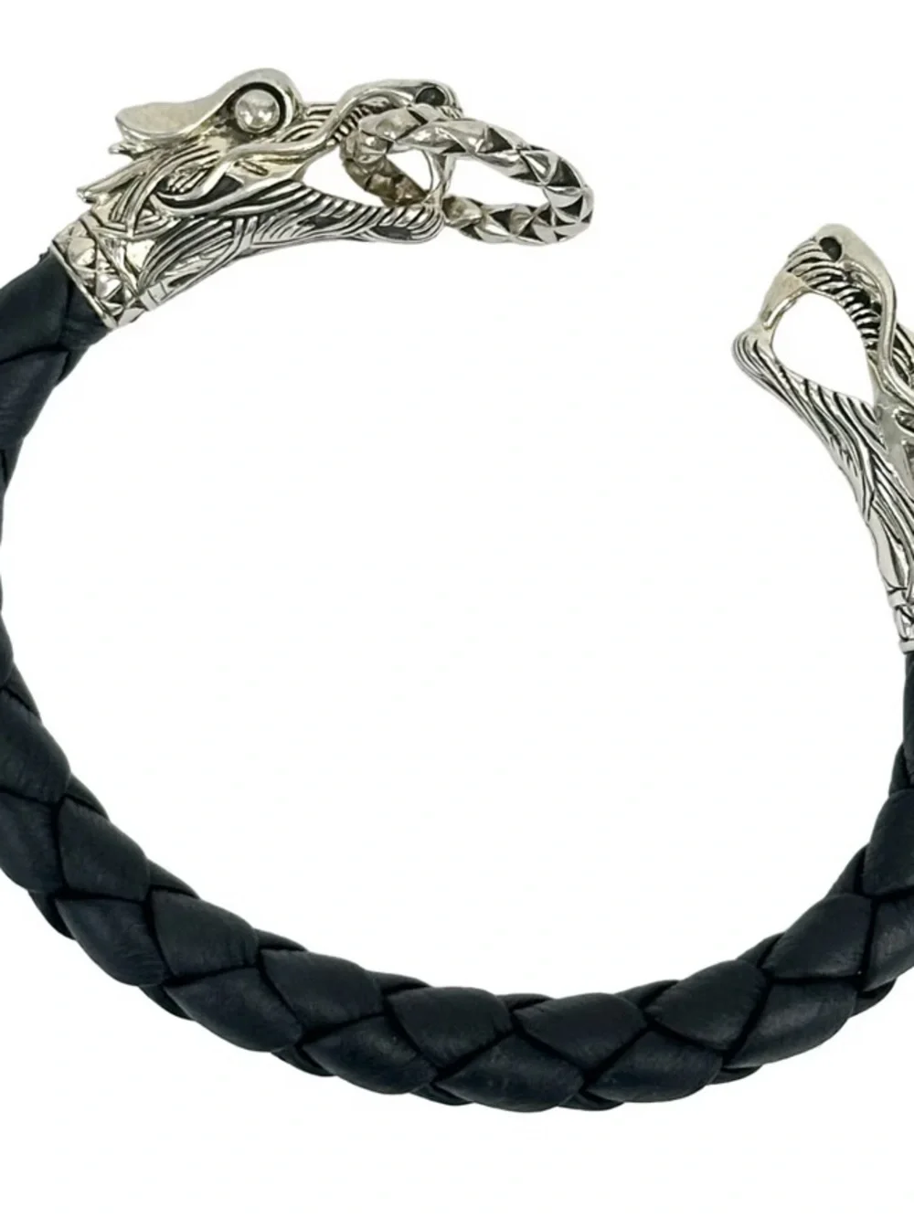 JOHN HARDY Sterling Silver Dragon Naga Woven Leather Bracelet Black Unisex 7”